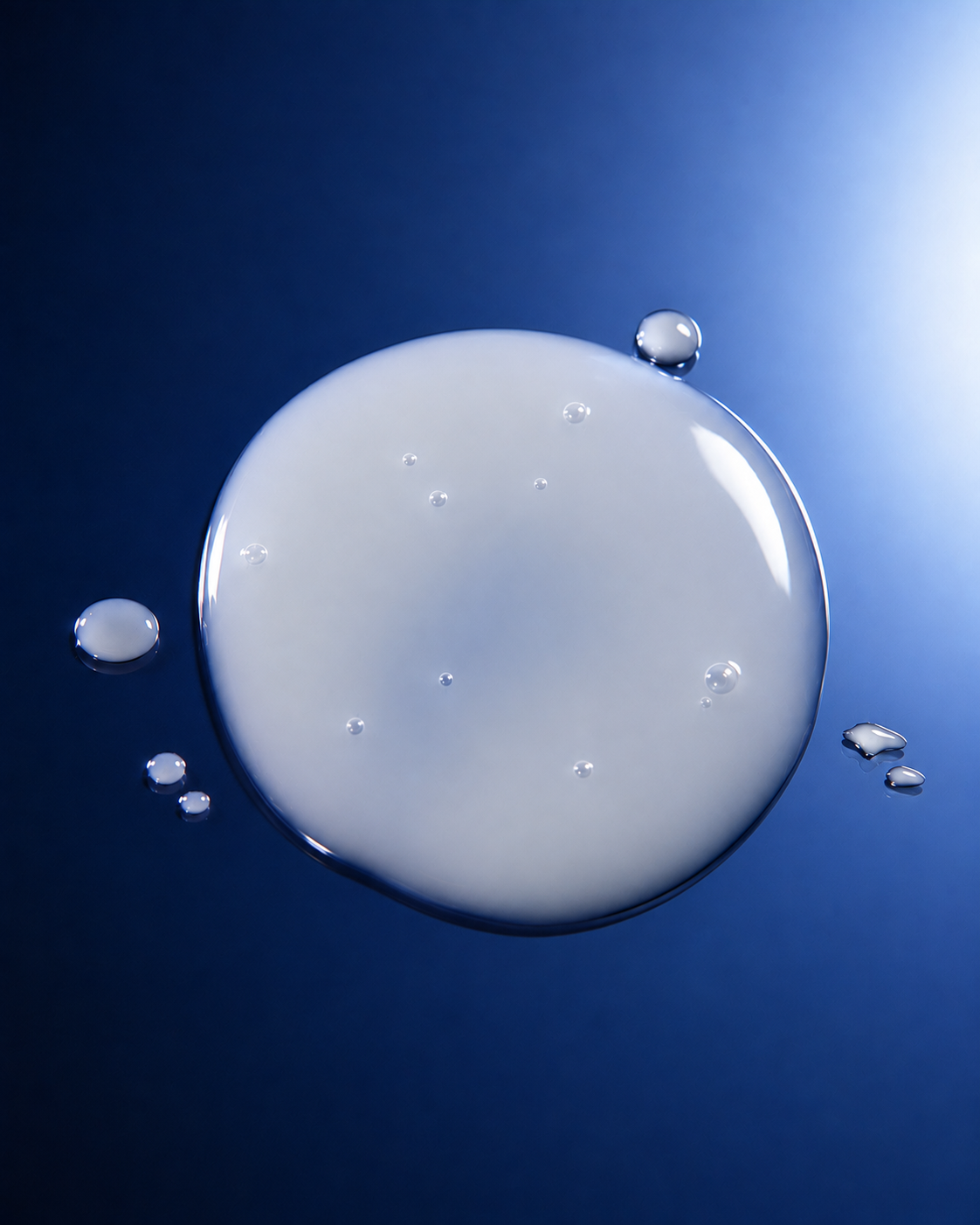 A drop of EXOGLO Serum on a blue background, showing its texture